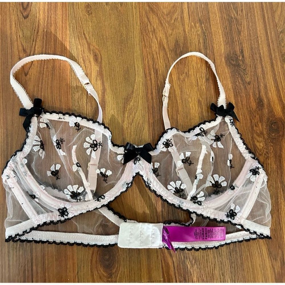 L'agent By Agent Pink Black Bow Sheer Lace Bra 36b